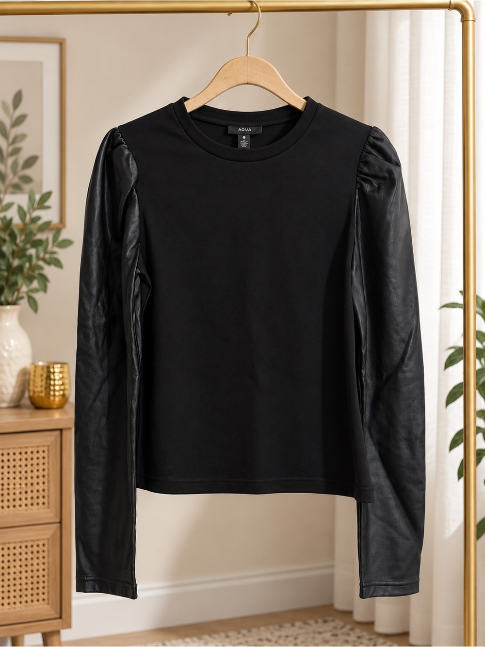 AQUA Black Faux Leather Puff Sleeve Mixed Media Top Size Small